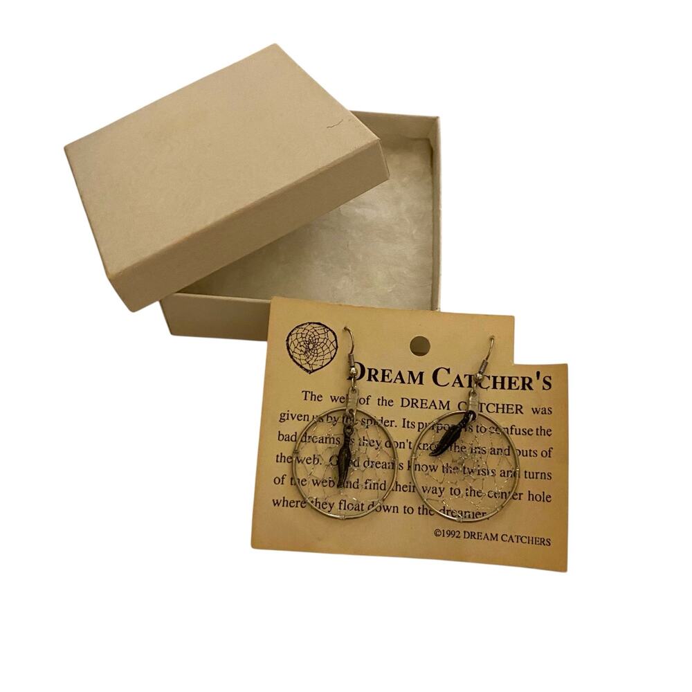 NIB Vintage 1990s Dream Catchers Silver earrings with Feather charm